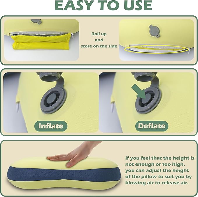 Inflatable Travel Camping Pillow - Ultralight, Portable, Removable, Double Cotton Cover Pillow for Neck Support with Storage Bag for Camping, Traveling, Backpacking, Hiking