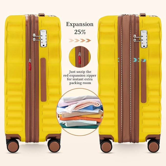 5 piece Luggage Set Expandable Suitcase 22x14x9 Airline Approved Carry on, ABS Hard Case Suitcases with Spinner Wheels, TSA Lock (Yellow)