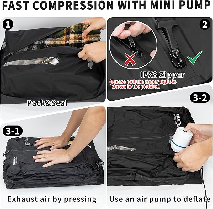 Reusable Vacuum Bags for Travel,Professional Waterproof IPX8 Vacuum Compression Bag for Suitcases Backpack,Space Saver Bags Packing Organizers for Clothing Packing(1 Pack,Black)