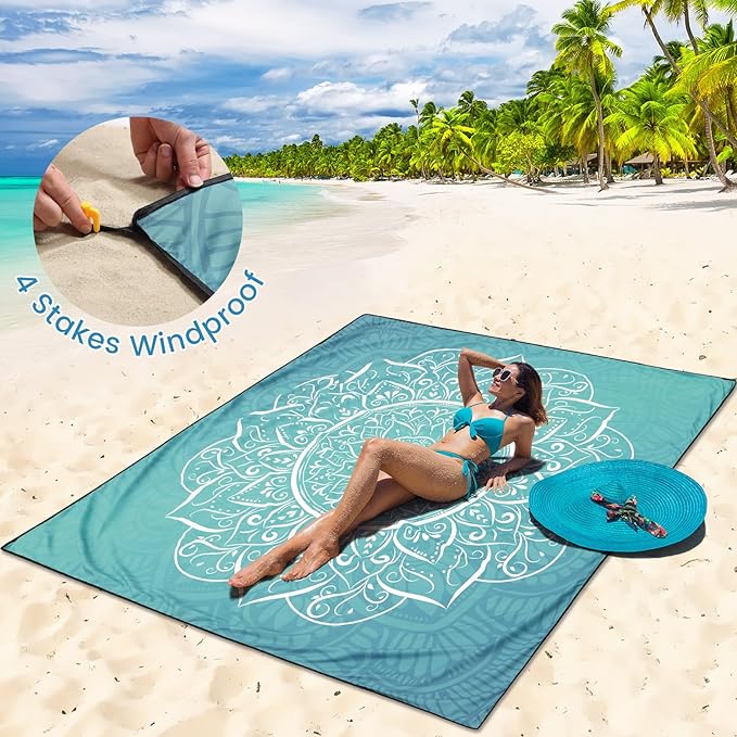 Beach Blanket Waterproof Sandproof Beach Mat for 1-8 Adults Quick Drying Durable Outdoor Picnic Mat for Beach Festival Travel Camping Hiking (Large Mandarin, 79"×83"(4 Person))
