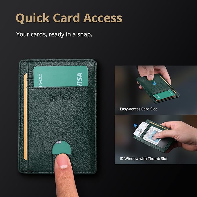 Buffway Slim Minimalist Front Pocket RFID Blocking Leather Wallets for Men and Women - Lichee Green