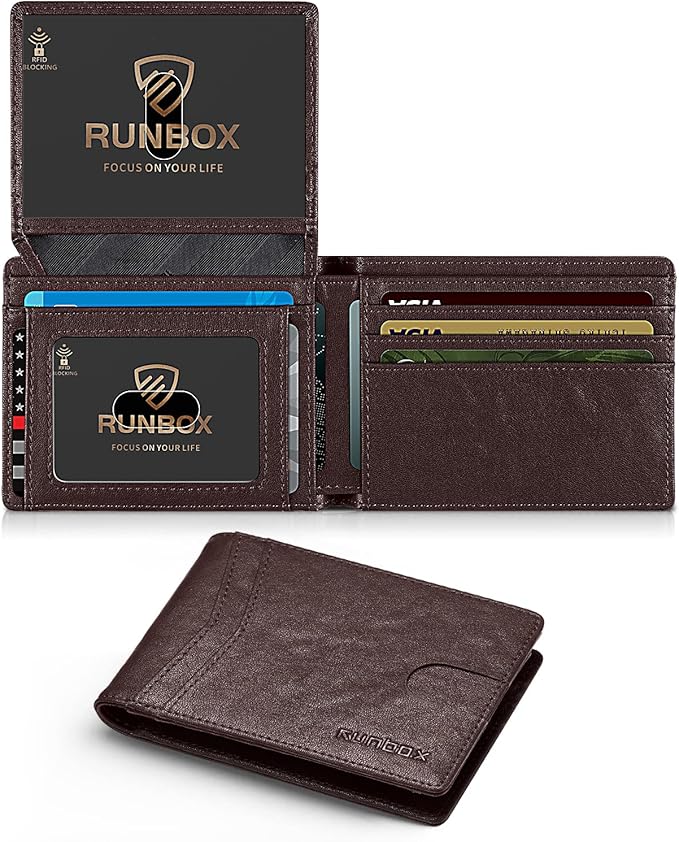 RUNBOX Wallet for Men Slim Rfid Leather 2 ID Window With Gift Box | Slim, Rfid, 2 ID Window, With Gift Box, Slim, Rfid
