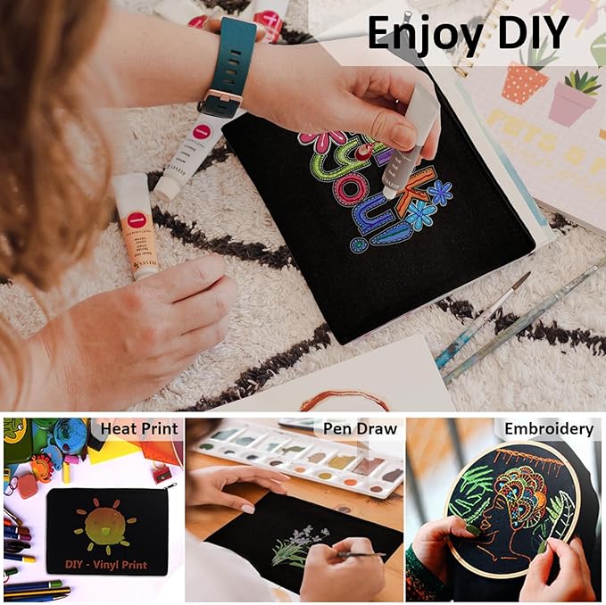 Koolmox Black Canvas Pouches Blank, 12PCS Canvas Zipper Pouch, 8x5 inch Plain Pencil Bag for Patches, Embroidery, Print Sublimation
