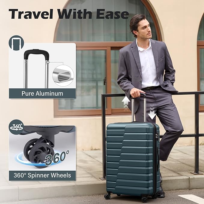Coolife Expandable Large Checked Luggage with Spinner Wheels, Hard Shell Suitcase TSA Lock Rolling Travel Luggage 28-inch,Teal Blue