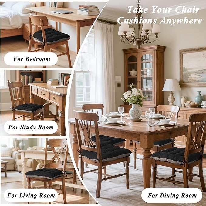 Chair Cushions for Dining Chairs Set of 4 Durable D-Shaped Seat Cushions with Non-Slip Backing Secure Ties Thick Cozy Seat Pad for Kitchen Dining Room Office(18x16.5x3in Black)