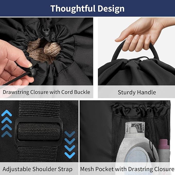 150L Laundry Bag Backpack with 3 Sizes Mesh Wash Bags and Shoulder Straps Foldable Clothes Hamper Bag with Drawstring Closure for College, Apartment, Laundromat (Black)