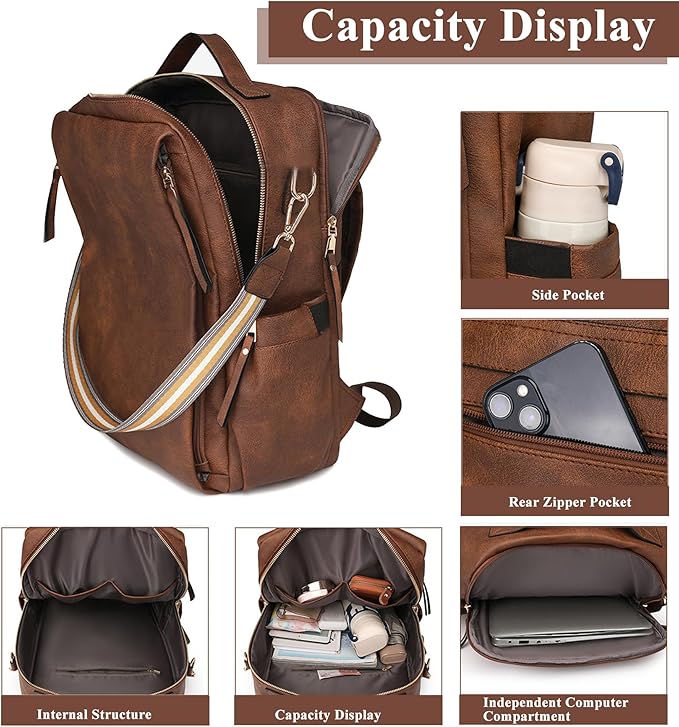 myfriday PU Leather Large Backpack Purse for Women Casual Travel Backpack Convertible Satchel Handbags With Luggage Strap (Dark brown)
