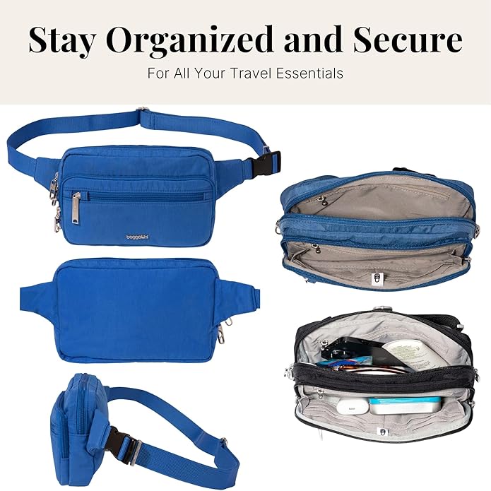 Baggallini Securtex Anti-theft Belt Bag 8.8"x5.5" Crossbody Fanny Pack for Women RFID Wallet Locking Zipper Travel Purse