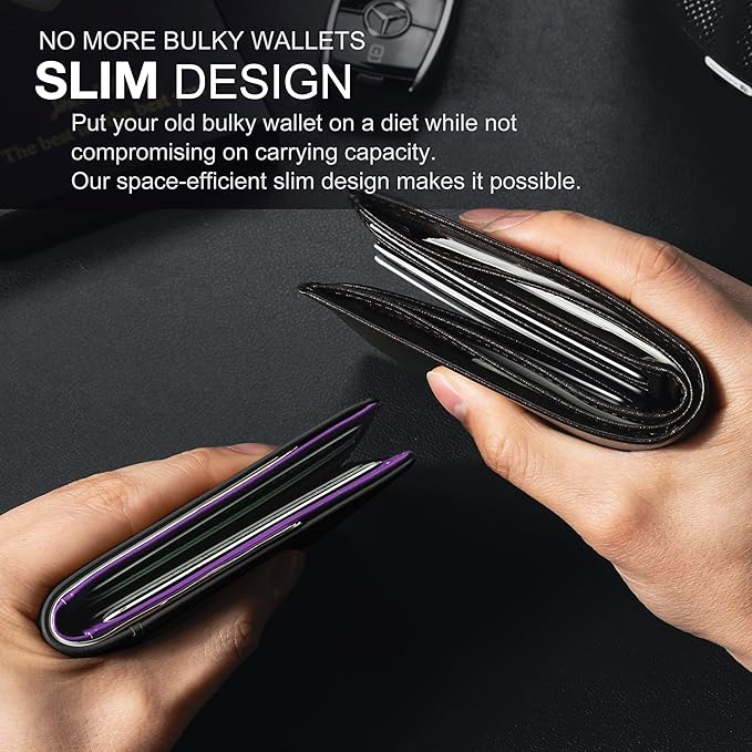 GSOIAX Slim Wallet for Men Rfid Blocking Leather Bifold Front Pocket Carbon Fiber Credit Card Holder Novelty Wallets With Gift Box (Black and Purple)