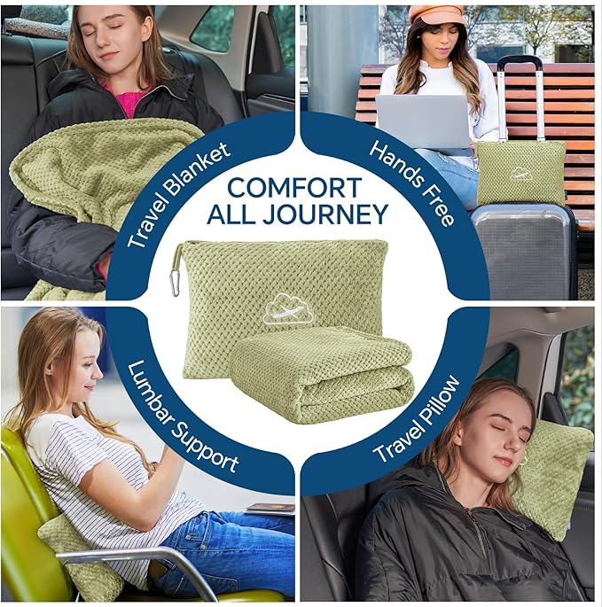BEDELITE Travel Blanket with Bag, Ultra-Soft Jacquard Fleece Blanket with Luggage Sleeve & Backpack Clip, Airplane Blanket Travel Essentials, Sage Green