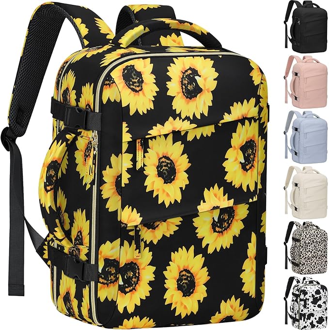 Carry on Backpack for Women TSA Approved 15.6 Inch Travel Laptop Backpack for Women Travel Essentials Foldable Womens Travel Backpack Suitcase Sunflower Floral