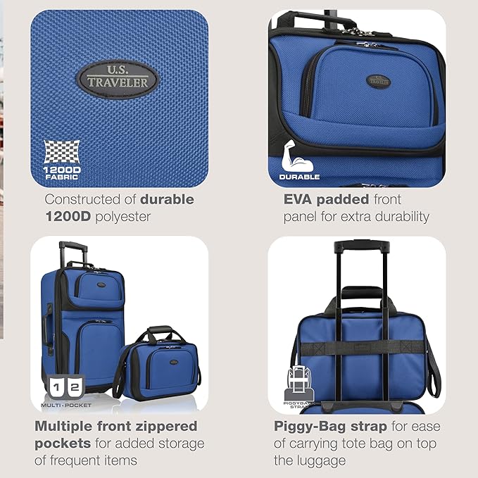 U.S. Traveler Rio Lightweight Softside Rolling Carry-on Suitcase, 2-Wheel Set, Royal Blue