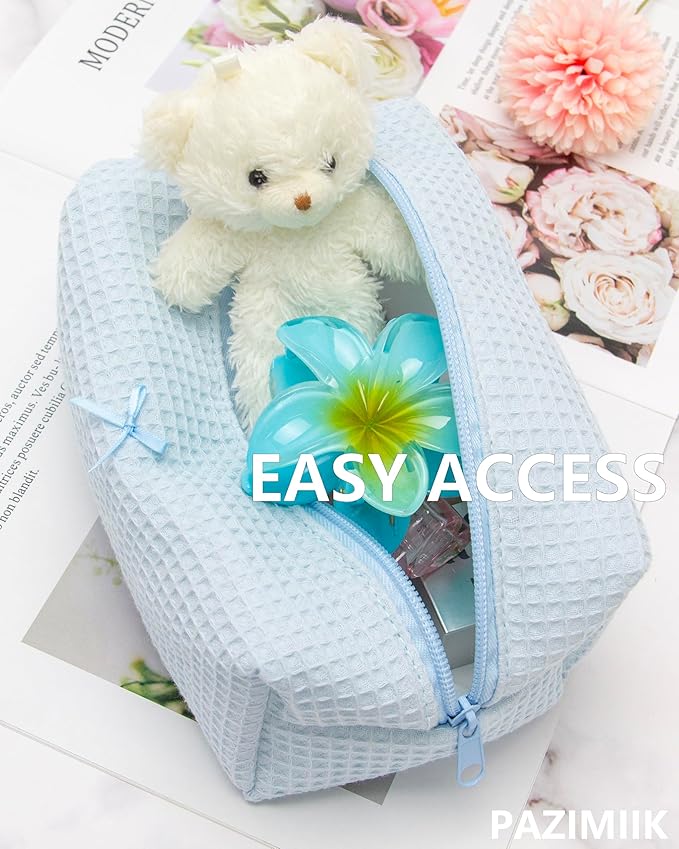 PAZIMIIK 2PCS Cozy Makeup Bag Travel Cosmetic Bag for Women Soft Toiletry Bag Aesthetic Makeup Organizer Portable Large Zipper Pouch for Skincare Beauty Accessories Brushes Waffle Check Blue