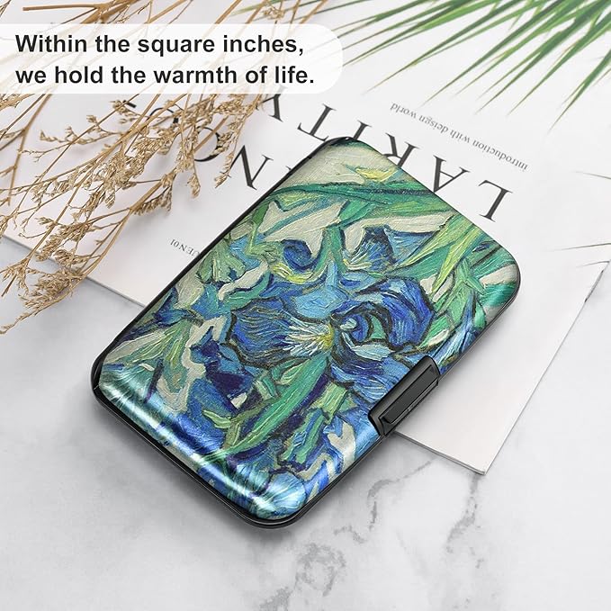 ELFISH Mini RFID Aluminum Wallet Credit Cards Holder Business Card Case Metal ID Case for Men Women(Iris Flower 1#)