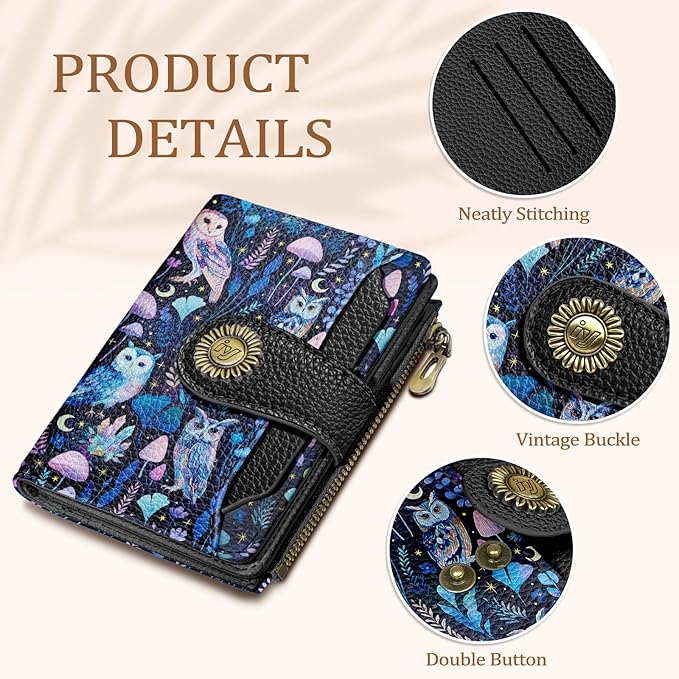 Icycay Owl Small Wallet Women RFID Blocking Bifold, Credit Card Holder, Zipper Coin Pocket, PU Leather, Magic, Compact, Travel, 4 ID Window, 14 Card Slots, Cash Purse, Ladies Woman Female Girls