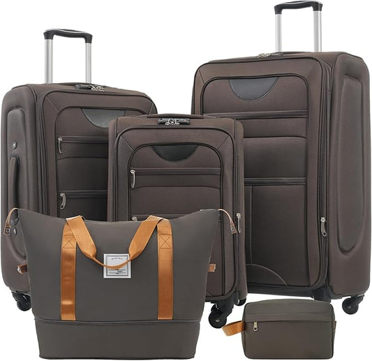 Brown 5 Piece Softside Luggage Sets, Expandable Lightweight Suitcase Sets Double Softshell Spinner Wheels Travel Luggage Set for Women and Men