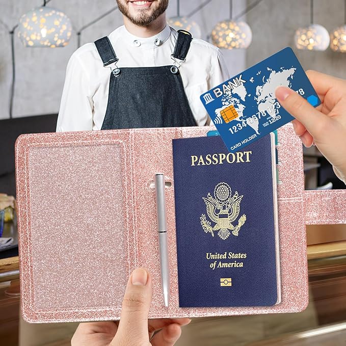 ACdream Unisex Faux Leather Passport and Vaccine Card Holder, Glitter Rose, RFID Blocking, 20 x 3.5 x 2.5 in