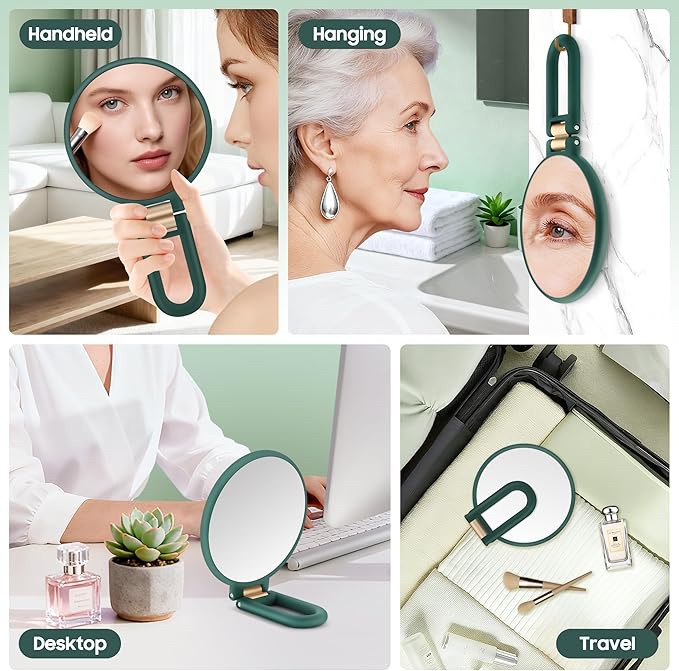 B Beauty Planet 40X Magnifying Mirror, Hand Mirror with Handle, Double Sided Hand Mirror with 40X/1X Magnification, Travel Essential Portable Foldable Makeup Mirror for Precision Makeup Green
