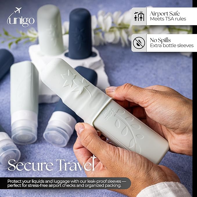 unigo Travel Bottles Set for Toiletries - Leakproof Refillable Travel Size Containers, TSA Approved Bottles with Labels, Brush & Covers for Carry-On Travel (White,Black)