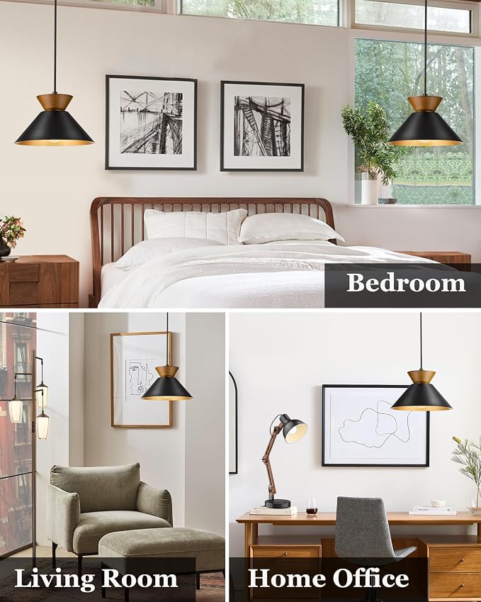 ELYONA Modern Pendant Light Kitchen Island, 10" Solid Wood Hanging Lamp with Matte Black Metal Shade & Gold Inner Finish, Farmhouse Pendant Light Fixtures for Dining Room Bedroom Living Room Hallway