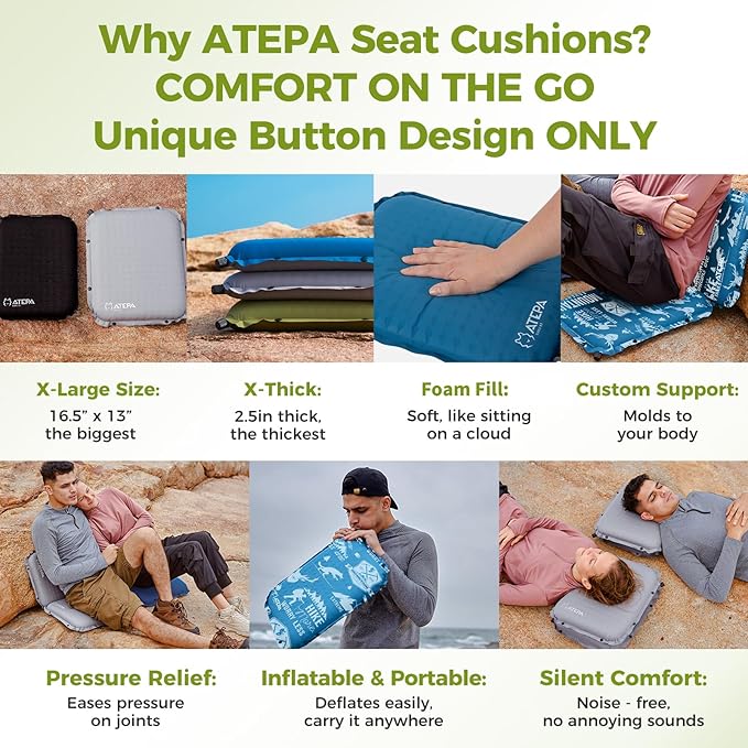 ATEPA Inflatable Seat Cushion, Self-Inflating Portable Stadium Airplane Travel Foam Cushion Pad for Camping, Sports Events, Outdoor
