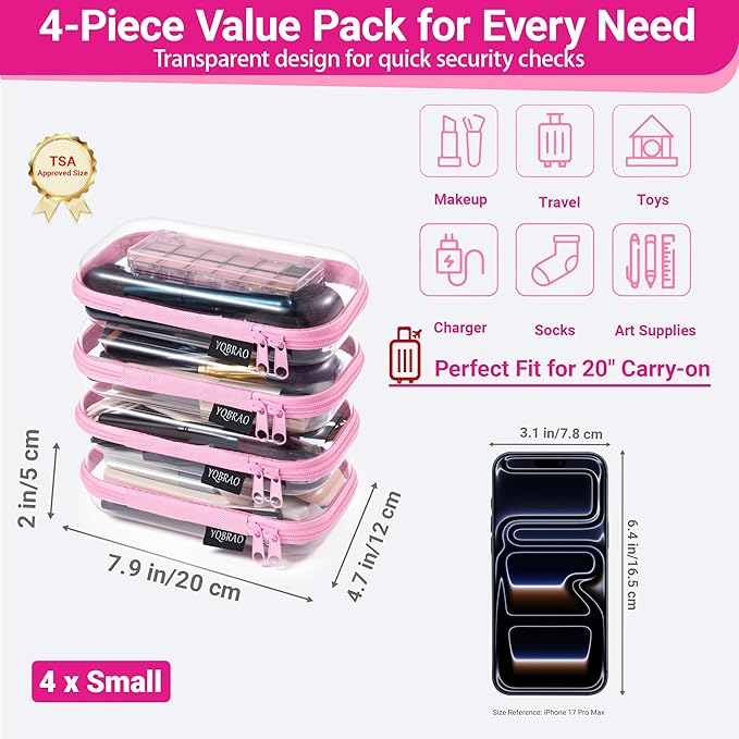 YQBRA 4 Pack Clear Hard Shell Zipper Case, See-Through Hard Plastic Organizer Pouches with Zipper for Travel, Toiletries, Makeup, Electronics & Pencils - Crush-Resistant Storage (S Pink)