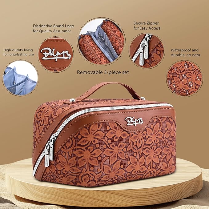 BOYATU Travel Makeup Bag Cosmetic Bags for Women: Large Capacity 3 Pcs Set Make up Bag with Compartments - Waterproof Vegan Leather Toiletry Organizer Bags with Handle (Z-61Brown)