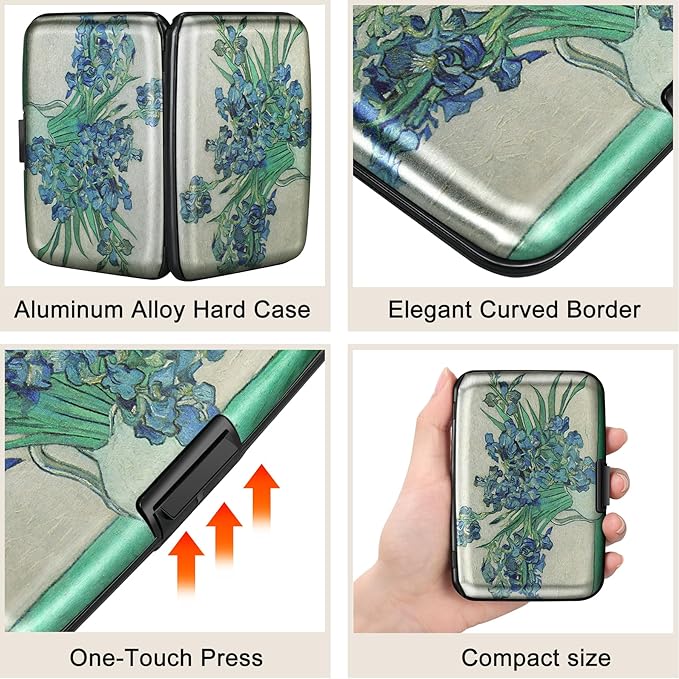ELFISH Mini RFID Aluminum Wallet Credit Cards Holder Business Card Case Metal ID Case for Men Women(Iris Flower 2#)