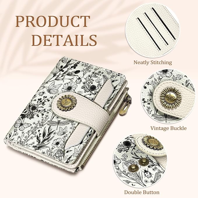 Icycay Flowers Floral Small Wallet Women RFID Blocking Bifold, Credit Card Holder, Zipper Coin Pocket, PU Leather, Compact, Travel, 4 ID Window, 14 Card Slots, Cash Purse, Ladies Woman Female Girls