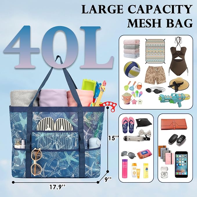 Fammart Mesh Beach Bag, Large Beach Tote with Zipper Pocket, Toys Pool Bag for Family Travel Vacation Cruise Essentials