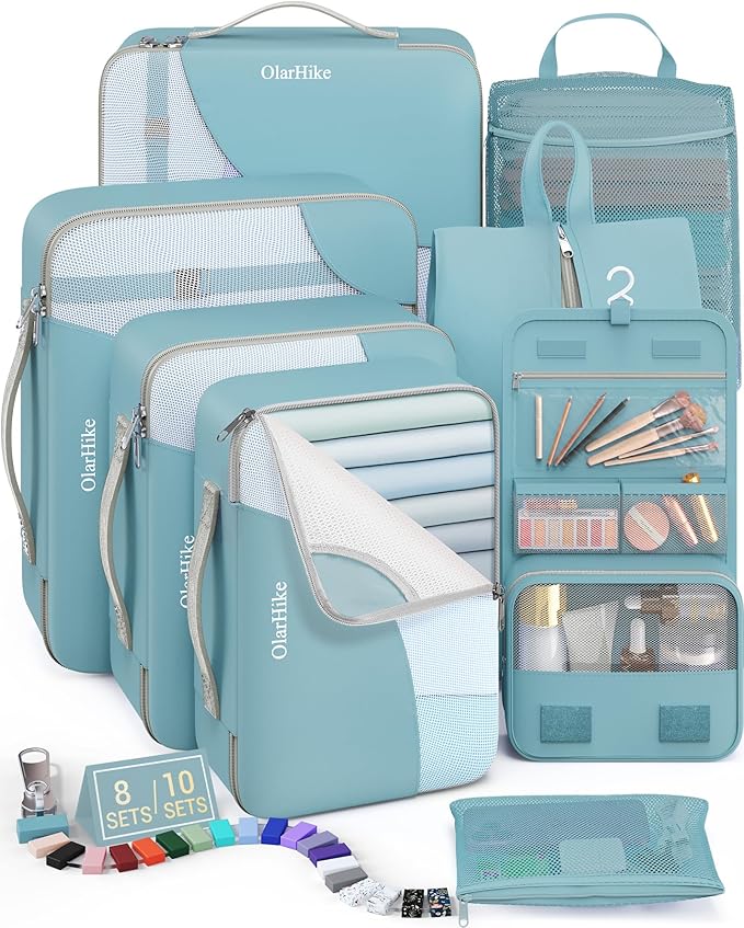 8 Set Packing Cubes for Travel, Gifts for Women Mom,Anti-Tearing Suitcase Organizer for Luggage with Shoe & Hanging Toiletry Bag,OlarHike Vacation Essentials & Accessories for Cruise Ship