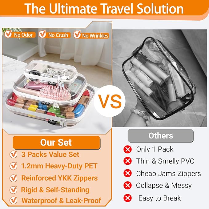 YQBRAO Hard Sided Clear Zipper Case for Storage- Professional-Grade Plastic Clear Zipper Pencil Case,Toy Storage Bins, Toiletry Pouch, Travel Organizer, Cosmetic Bag（White,3 Pack, LMS）