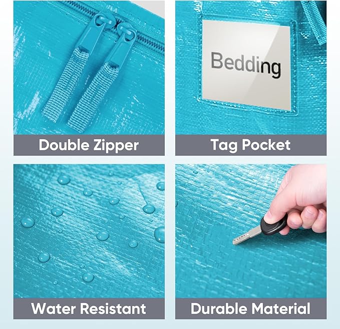 TICONN 6 Pack Extra Large Moving Bags Heavy Duty with Zippers & Carrying Handles, Durable Storage Bags Moving Boxes for Closet Organizers and Storage (6 Pack, Aqua)