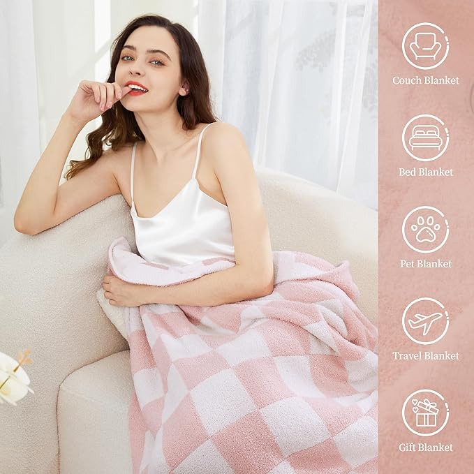 SeaRoomy Checkered Throw Blanket, Ultra Soft Microfiber Knit Throw Blanket, Cozy Fluffy Fuzzy Reversible Checkerboard Pink Blanket for Couch Sofa Bed Decor(Light Pink, 51"63")