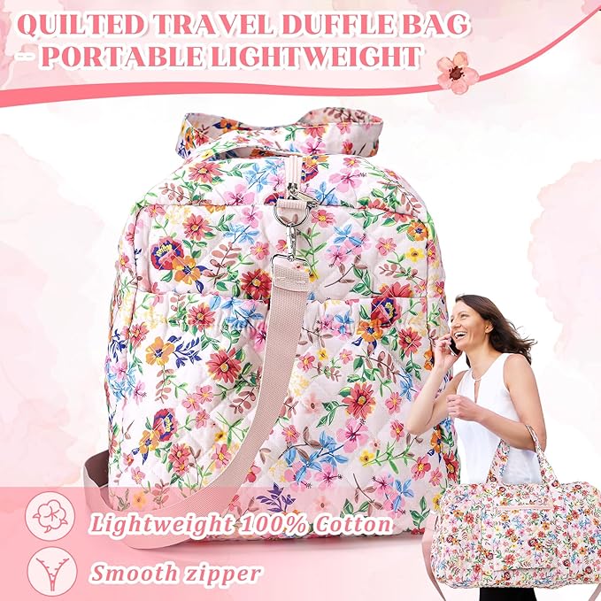 Large Quilted Travel Duffle Bag for Women Floral Portable Gym Weekender Bag with Zipper Pockets Workout Grocery Pouch Duffle Gift Pouch for Work(Pink Floral)