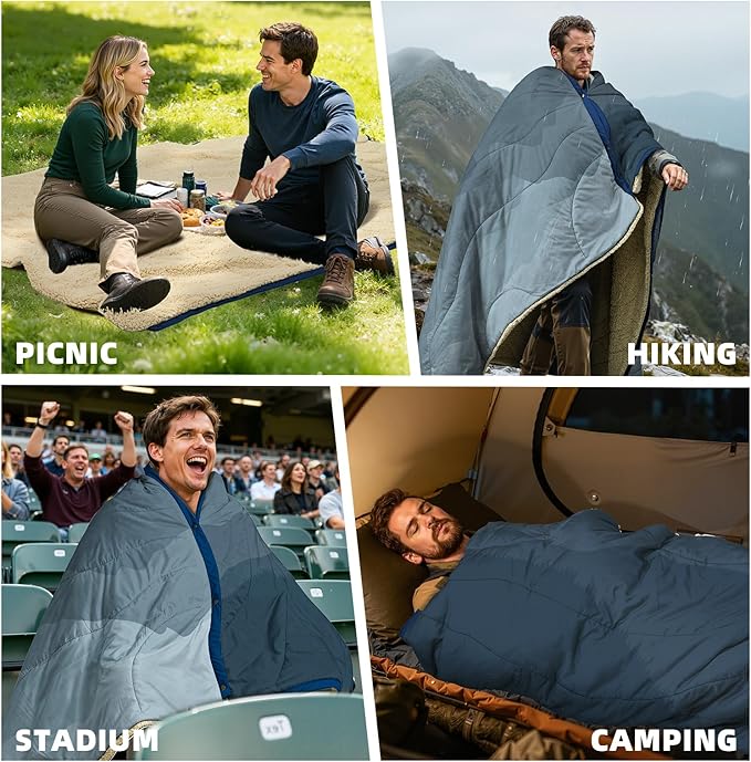 Outdoor Camping Blanket with Sherpa Lining, Extra Warm Thick Camp Blankets and Puffy Ultralight Soft Poncho DWR Camping Quilt for Cold Weather, Adventure, Sleeping, Backpacking 78"x 56"