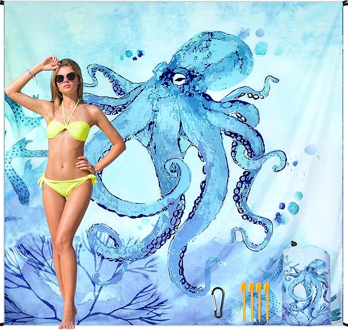 Beach Blanket Waterproof Sandproof Beach Mat for 1-8 Adults Quick Drying Durable Outdoor Picnic Mat for Beach Festival Travel Camping Hiking (BL-Octopus, 79"×83"(4 Person))