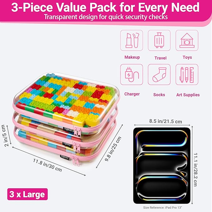YQBRA 3 Pack Clear Hard Shell Zipper Case, See-Through Hard Plastic Organizer Pouches with Zipper for Travel, Toiletries, Makeup, Electronics & Pencils - Crush-Resistant Storage (L Pink)