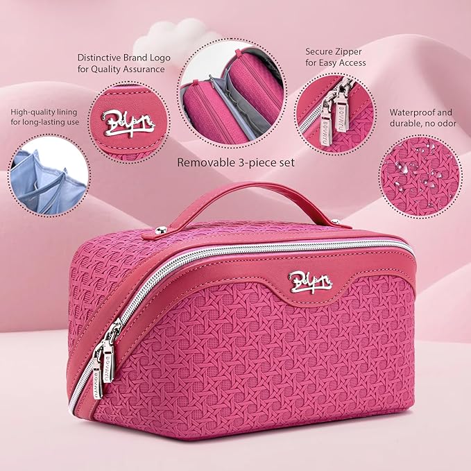 BOYATU Travel Makeup Bag Cosmetic Bags for Women: Large Capacity 3 Pcs Set Make up Bag with Compartments - Waterproof Vegan Leather Toiletry Organizer Bags with Handle (M-73Rose)