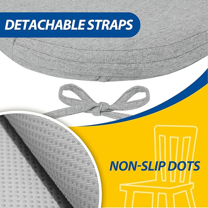 AAAAAcessories D-Shaped Chair Cushions, 2" Thick Dining Chair Pads with Ties and Removable, Machine-Washable Cover, 17" x 16", Set of 4, Light Gray