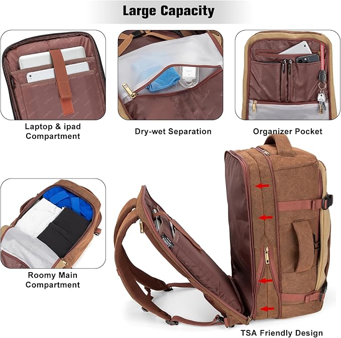 Tzowla 40L Canvas Expandable Travel Laptop Backpack for Men Women Carry on Flight Approved,Large Capacity Anti Theft Backpacks,Vintage Personal Item Bag Fit 17.3" Laptop(Brown & Khaki)