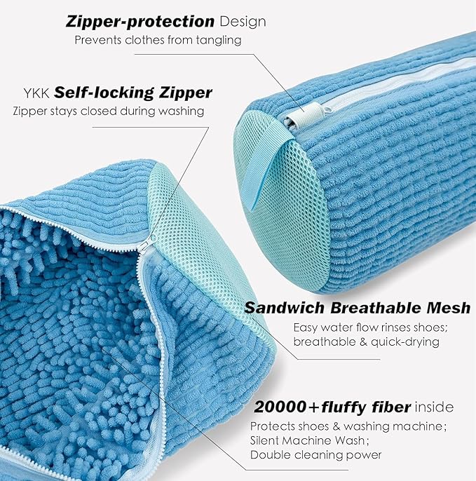 Shoe Washing Machine Bag,Laundry Shoe Bag for Washer and Dryer,Reusable Shoe Cleaning Bag for Sneakers,Tennis Shoes,With Self-locking Zipper, Microfiber Inside (Lite Blue - 2 Pack)
