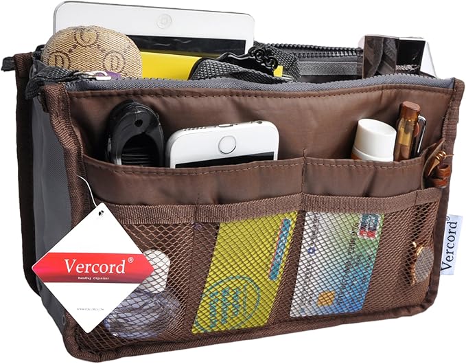 Vercord Purse Organizer Insert for Handbags Bag Organizers Inside Tote Pocketbook Women Nurse Nylon 13 Pockets Coffee Large