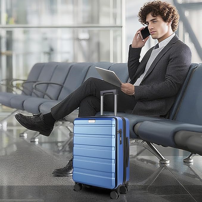 KROSER Carry On Luggage with Spinner Wheels & Built-in TSA Lock, Expandable Top Opening Hard Shell Suitcase Large Capacity Durable Rolling Luggage with USB Port, Carry-On 20-Inch, Light Blue