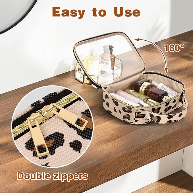 Wedama TSA Approved Toiletry Bag, 3 Pack Clear Makeup Bags with Handles, Quart Size PVC Clear Cosmetic Bags for Women and Men, Carry on Airport Airline Compliant Bag, Leopard Print