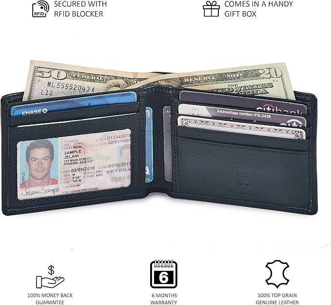 Real Leather Mens Bifold Wallet RFID Blocking Slim Minimalist Front Pocket - Thin & Stylish with ID Window in Gift Box (Nappa, Midnight Navy)