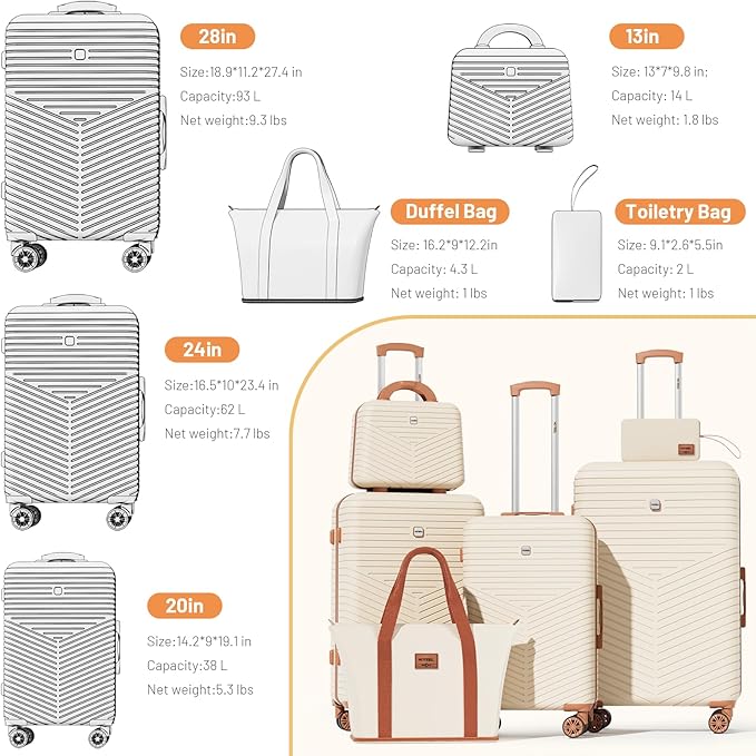 Hoteel Luggage Sets 6 Piece ABS+PC Hardside, 4-Year Warranty, Luggage Set with Spinner Wheels, TSA Lock, Lightweight Carry on Luggage, 13"/20"/24"/28" Suitcase with Duffel & Organizer, Beige