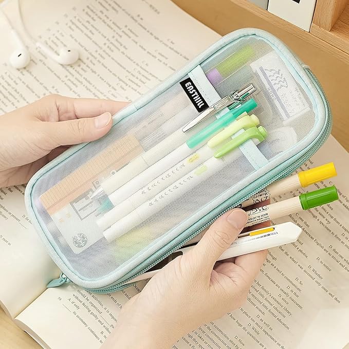 EASTHILL Grid Mesh Pen Pencil Case with Zipper Clear Makeup Color Pouch Cosmetics Bag Multi-Purpose Travel School Teen Girls and Boys Transparent Stationary Bag Office Organizer Box for Adluts(Green)