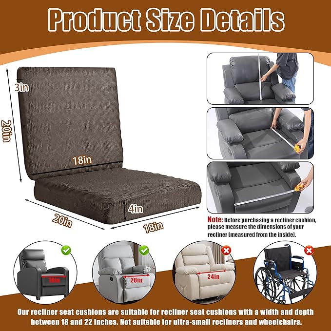 BALAPET Recliner Cushions for Long Sitting, Egg Crate Foam Recliner Cushion for Elderly Reduces Muscle Fatigue and Provides Air Flow, Extra Large Non-Slip Seat Cushion with Back Support(20*18*4in)