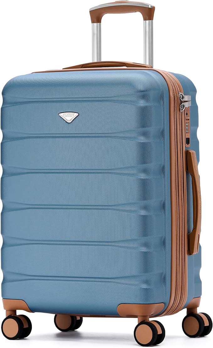 Flight Knight 24x16x10 Expandable Carry On Suitcase Hardside TSA Lock USB C Lightweight Luggage Silent Double Spinner Wheels Maximum Overhead Carry-On Bag For Virgin South West Approved Blue/Tan